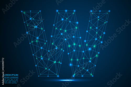 Abstract letters font is made up of triangles, lines, dots and connections. On a dark blue background, stars of the cosmic universe, meteorites, galaxies. Vector illustration eps 10.