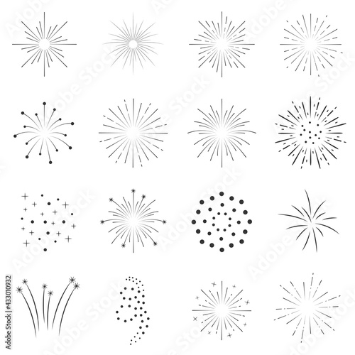 Set geometric form fireworks in simple style. Abstract shape creative frames for print and design. Vector illustration  isolated black elements on a white background.