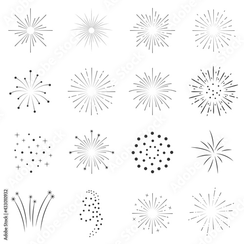 Set geometric form fireworks in simple style. Abstract shape creative frames for print and design. Vector illustration, isolated black elements on a white background.