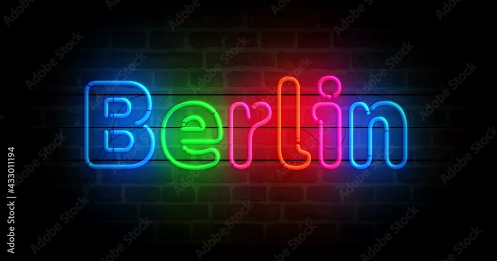 Berlin Germany neon on brick wall. Light color bulbs with romantic city club sign. Abstract concept 3d animation. Berlin Germany neon on brick wall. Light color bulbs with romantic city club sign. Abstract concept 3d animation.