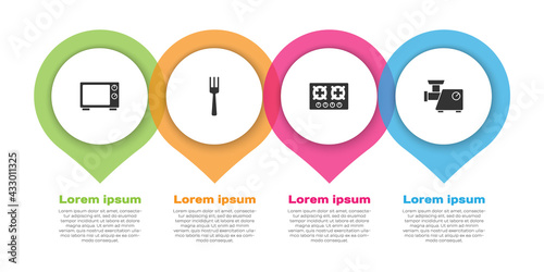 Set Microwave oven, Fork, Gas stove and Kitchen meat grinder. Business infographic template. Vector