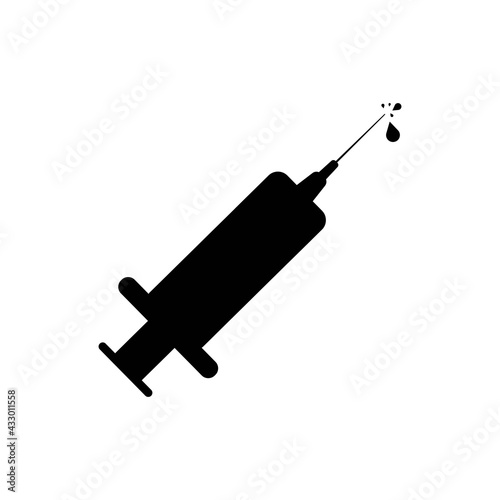 Syringe solid black icon on isolated white background. Clinic concept. Trendy flat isolated symbol, sign can be used for: illustration, logo, mobile, app, design, web, dev, site, ui, ux. Vector EPS 10