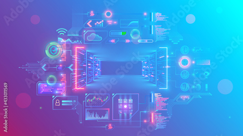 Servers in digital data centers make cloud computing in server rack room. Web online service remote internet storage. Abstract Conceptual computer banner or backgrounds with text place in center.