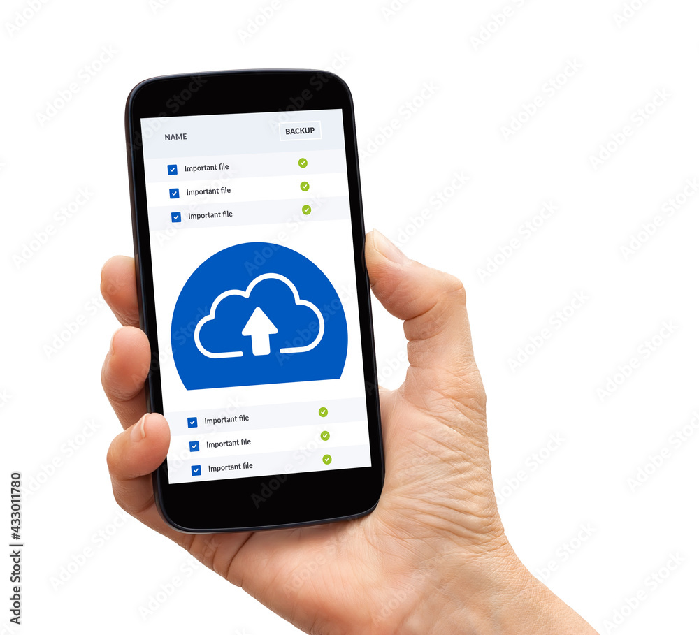 Hand holding a black smart phone with backup cloud storage concept on screen. Isolated on white background. Hand holding a black smart phone with backup cloud storage concept on screen. Isolated on white background.
