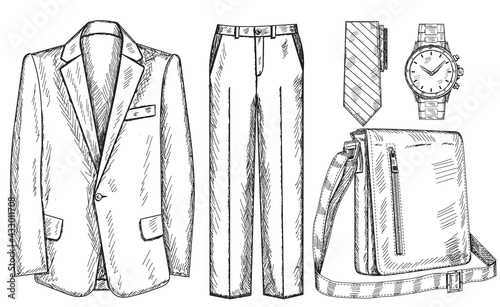 sketch, hand-drawn set, collection of mens clothing for business