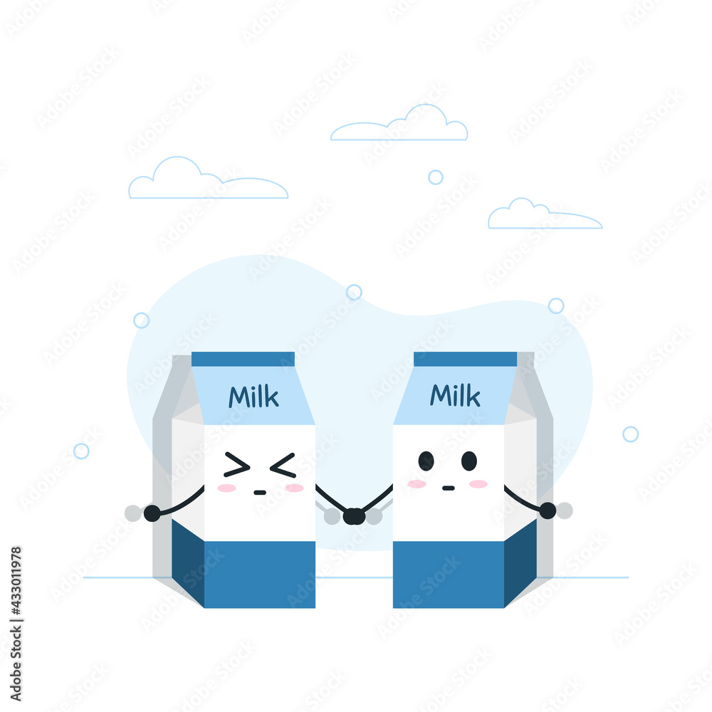A couple cartoon milk box holding hands, blue monday concept in flat design A couple cartoon milk box holding hands, blue monday concept in flat design