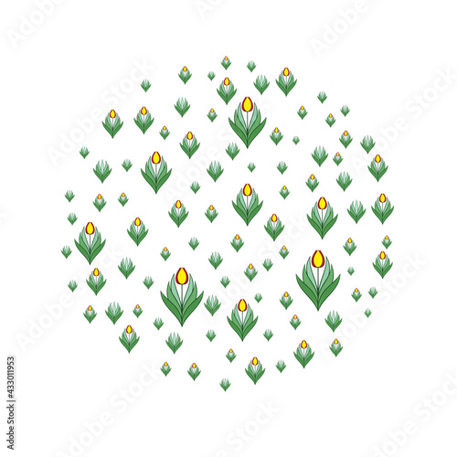 Composition with flowers and leaves of tulips in a circle. Layout with place for text. Modern design for advertising. Vector illustration