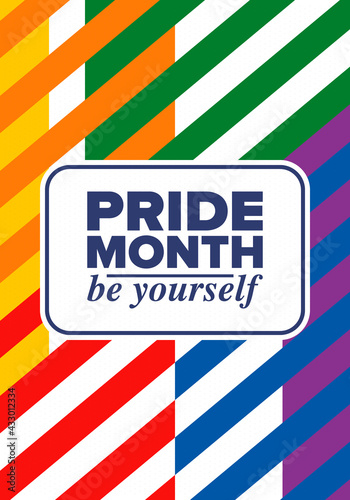 LGBTQIA Pride Month in June. Lesbian Gay Bisexual Transgender. Celebrated annual. LGBT flag. Rainbow love concept. Human rights and tolerance. Poster, card, banner and background. Vector illustration