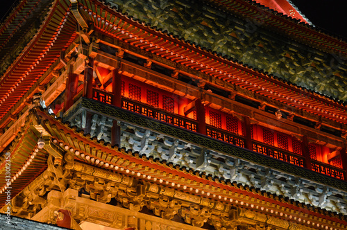 Xian Drum Tower building section facade illuminated by Night photo