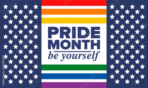 LGBTQIA Pride Month in June. Lesbian Gay Bisexual Transgender. Celebrated annual. LGBT flag. Rainbow love concept. Human rights and tolerance. Poster, card, banner and background. Vector illustration