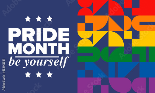 LGBTQIA Pride Month in June. Lesbian Gay Bisexual Transgender. Celebrated annual. LGBT flag. Rainbow love concept. Human rights and tolerance. Poster, card, banner and background. Vector illustration