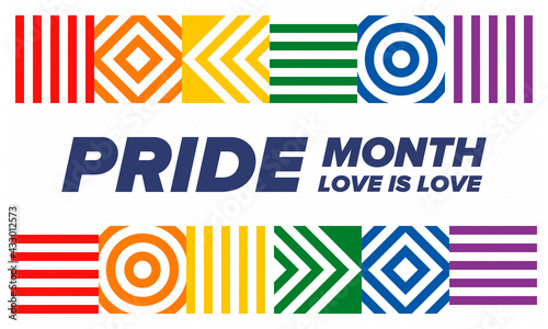 LGBTQIA Pride Month in June. Lesbian Gay Bisexual Transgender. Celebrated annual. LGBT flag. Rainbow love concept. Human rights and tolerance. Poster, card, banner and background. Vector illustration