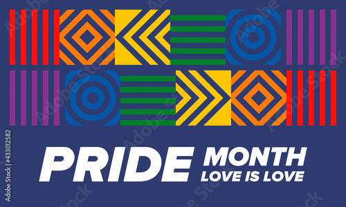 LGBTQIA Pride Month in June. Lesbian Gay Bisexual Transgender. Celebrated annual. LGBT flag. Rainbow love concept. Human rights and tolerance. Poster, card, banner and background. Vector illustration