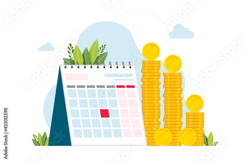 calendar and a bunch of coins. Capitalization of a company web banner or landing page. Appraisal of company stocks multiplied by the market price for those shares. Isolated flat vector illustration.