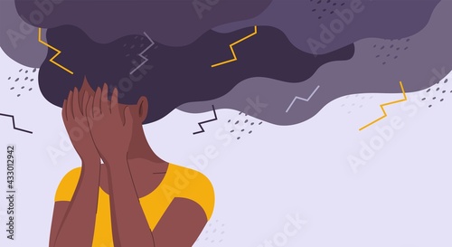 Concept stock illustration for racism, diversity, psychology, mental stress, depression, exhaustion, burn out, fear, anger and racial equality. Stressed, unhappy African girl or woman is under a storm photo