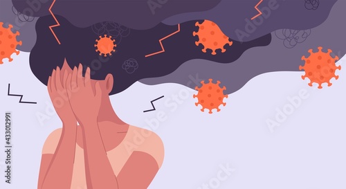 Concept illustration for psychology, Corona, Covid-19, consequences of pandemic, mental stress, depression, burnout, fear, anger, joblessness, unemployment. Stressed and unhappy woman is under a storm