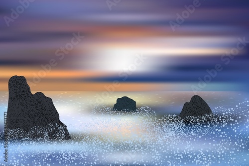 Waves crash against coastal stones and rocks, sea foam.