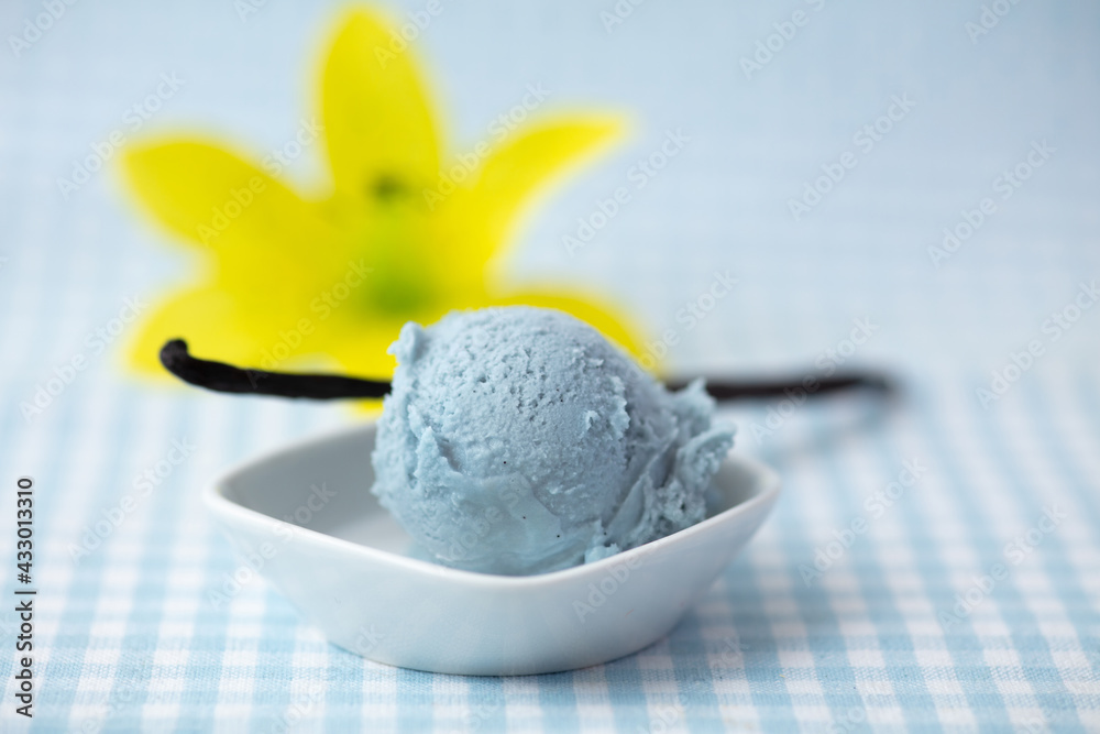 Blaues Vanilleeis gefärbt als Schlumpfeis mit Pflanze - obrazy, fototapety, plakaty 