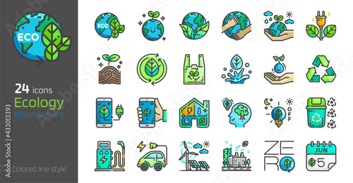 Ecology colored line style icon set. Safe earth,water,energy,renewable concept environment day and earth day. Eco friendly design vector illustration.