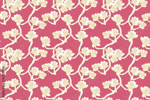 Golden hatched illustrations of branches, flowers, magnolias on a pink background seamless pattern