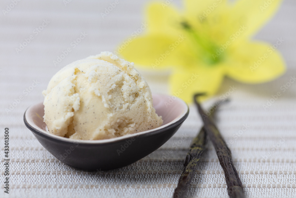 Wie Viel Kcal Hat Eine Kugel Vanilleeis Frische Kugel Vanilleeis mit Vanille und Vanilleblüten Stock Photo