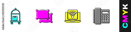 Set Suitcase, Pillow, Wireless laptop and Telephone handset icon. Vector