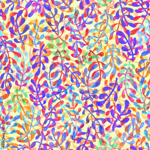 Hand drawn watercolor floral pattern abstract style twigs with leaves seamless pattern. Botanical vintage illustration. Background for header, image for blog, decoration. Wallpaper, textile design.