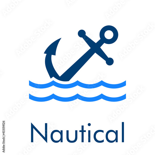 Logotipo con texto Nautical y ancla de barco con olas en color azul