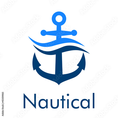 Logotipo con texto Nautical y ancla de barco con olas en color azul