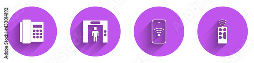 Set Telephone handset, Lift, Mobile with wi-fi wireless and Remote control icon with long shadow. Vector