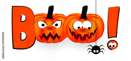 Slogan boo with eyeballs and no smiling face. Pumpkin, happy halloween party on 31 october fest. Ghosts pictogram. Flat vector ghost sign. Cartoon spook pattern. Zombie, monster, spooky symbol.