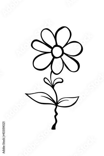 Hand drawn cute flower on stem. Clip art, black and white stylized botanical elements for design isolated. Vector illustration in doodle cartoon style