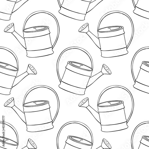 Seamless pattern with watering cans. Hand drawn outline vector background and texture in doodle style, isolated. Gardening tools for working in the garden, on the farm, in the dacha, country site