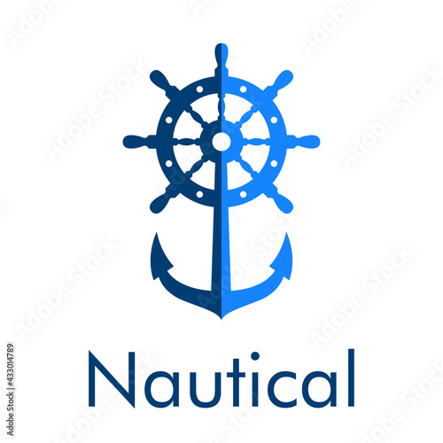 Logotipo con texto Nautical y ancla en timón en color azul