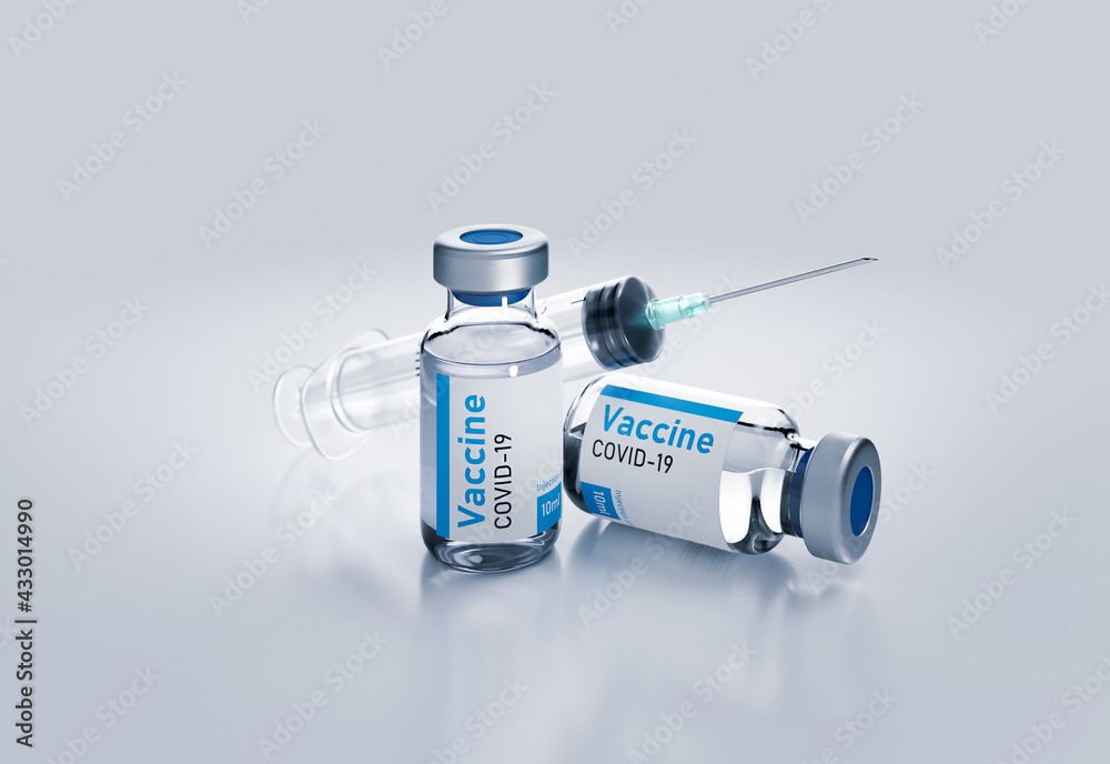 Ampoules vaccine from coronavirus with syringe 3d render illustration on white. - obrazy, fototapety, plakaty 