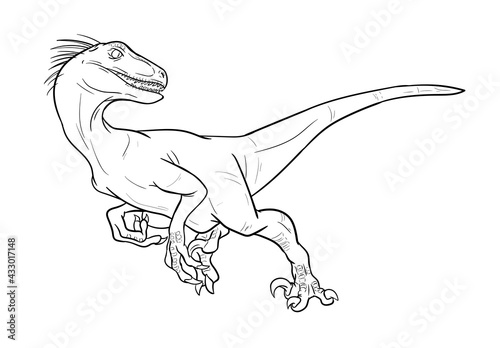Hand Drawn Velociraptor. Vector line art. DInaosaurs set
