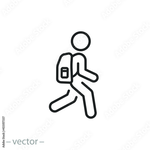 man with backpack, icon, activity hiking, walk human, journey outdoor concept, thin line symbol on white background - editable stroke vector eps10