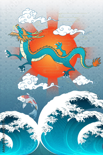 Abstract Art Japanese Flying Dragon Soar with Red Sun Surrounded with Moving Clouds and Collision of Torrential Wave Below with Carp KOI Fish Swimming on Blue Wave Background Design for Wrapping Paper
