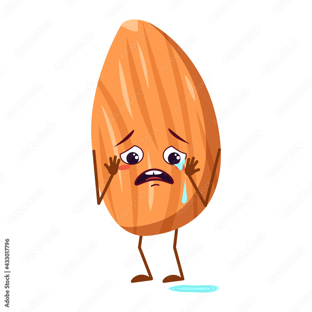 Cute almond character with crying and tears emotions, face, arms and legs. The funny or sad hero, nut Cute almond character with crying and tears emotions, face, arms and legs. The funny or sad hero, nut
