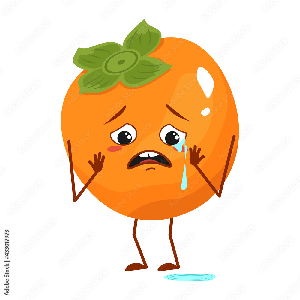 Cute persimmon character with crying and tears emotions, face, arms and legs. The funny or sad hero, frui Cute persimmon character with crying and tears emotions, face, arms and legs. The funny or sad hero, frui