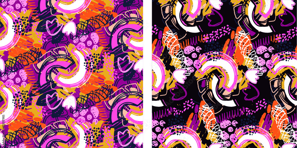 Obraz premium Creative doodle art seamless pattern with different shapes and textures. Collage. Vector
