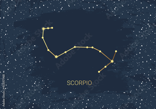 Hand drawn card of gold Scorpio, star, brush. Constellation celestial space. Zodiac horoscope symbol, star astrology, astrology sign, icon. Magic space galaxy, vector sketch illustration