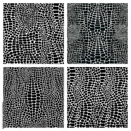Vector set of four seamless patterns with crocodile or alligator skin. Monochrome leather wallpapers. Black and white animal backgrounds. Collection of print camouflage illustrations.
