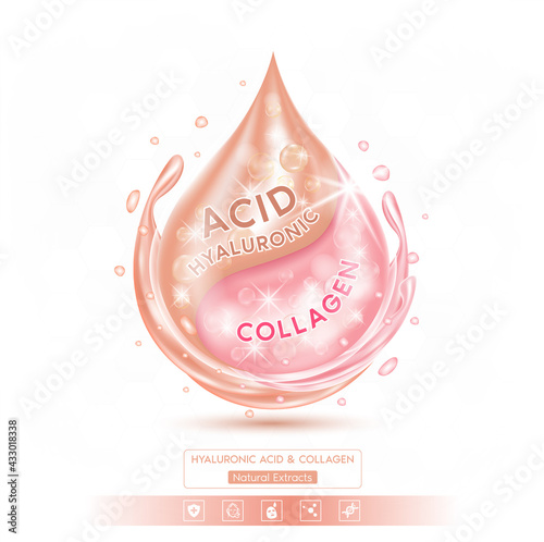 Drop pink collagen solution serum and hyaluronic ACID. Natural extracts. On white background. Hyaluronic acid skin care ad. 3D Realistic Vector EPS10.