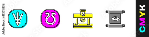 Set Neptune planet, Life, Bottle with potion and Ancient magic scroll icon. Vector