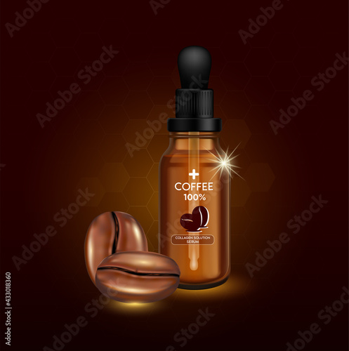 Cosmetic Bottle package Coffee. Collagen Solution Serum and Vitamin. Skin Care Cosmetic Products. Vector EPS 10