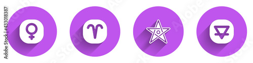 Set Venus, Aries zodiac, Pentagram and Earth element icon with long shadow. Vector