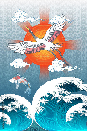 Abstract Art Japanese Flying Crane with Red Sun Surrounded with Moving Clouds and Collision of Torrential Wave  Below with Carp KOI Fish Swimming on Blue Wave Background Design for Wrapping Paper