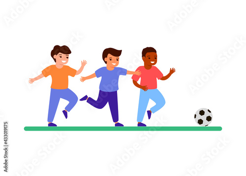 Children play on football, play game with ball on playground. Boys run wiht ball together, soccer. Vector flat illustration