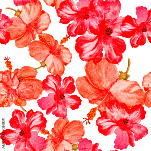 Scarlet Hibiscus Wallpaper. Red Flower Wallpaper. Pink Seamless Texture. Vintage Illustration. Pattern Garden. Watercolor Backdrop. Tropical Painting. Exotic Decor.
